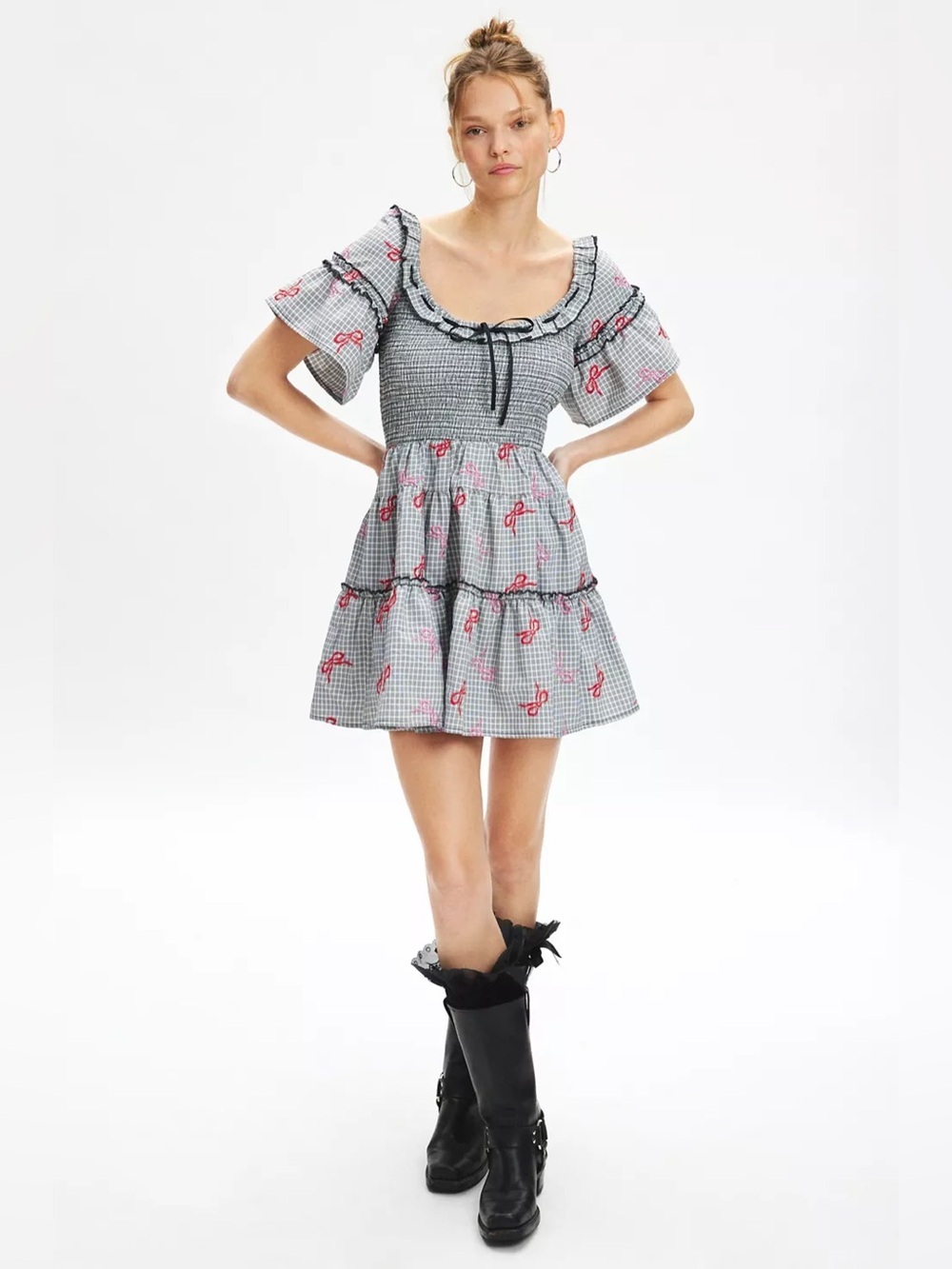 Urban Outfitters Gingham Smocked Puff Sleeve Coquette Tiered Mini Dress Large